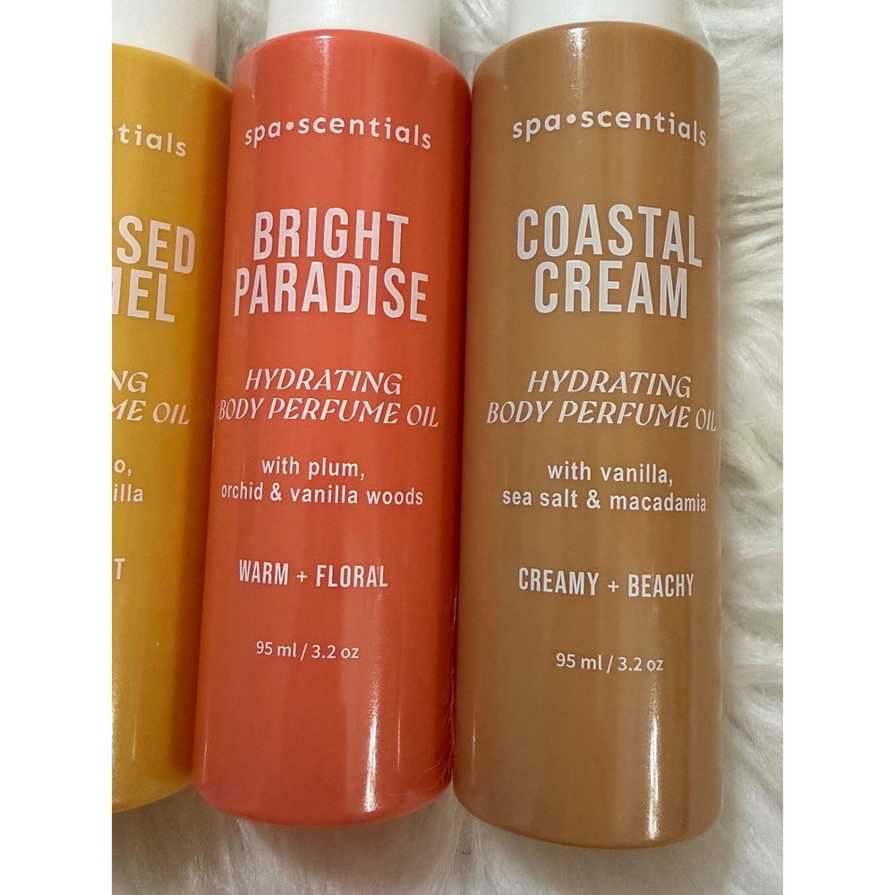 Spa Scentials Hydrating Body Perfume Oil Set 4 Pack Tropical Caramel Coastal Oil - Picture 3 of 10